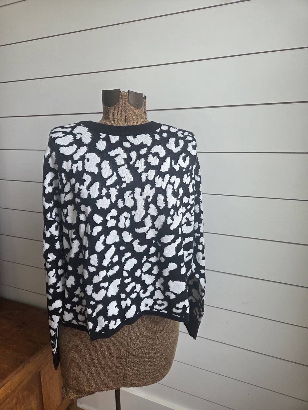 Bar III Black and White Leopard Print Crewneck Sweater